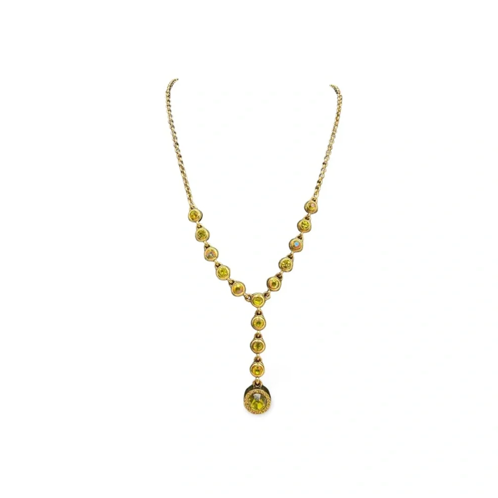 Vintage Avon Gold Tone Green Rhinestone Y Necklace Drop Pendant Statement